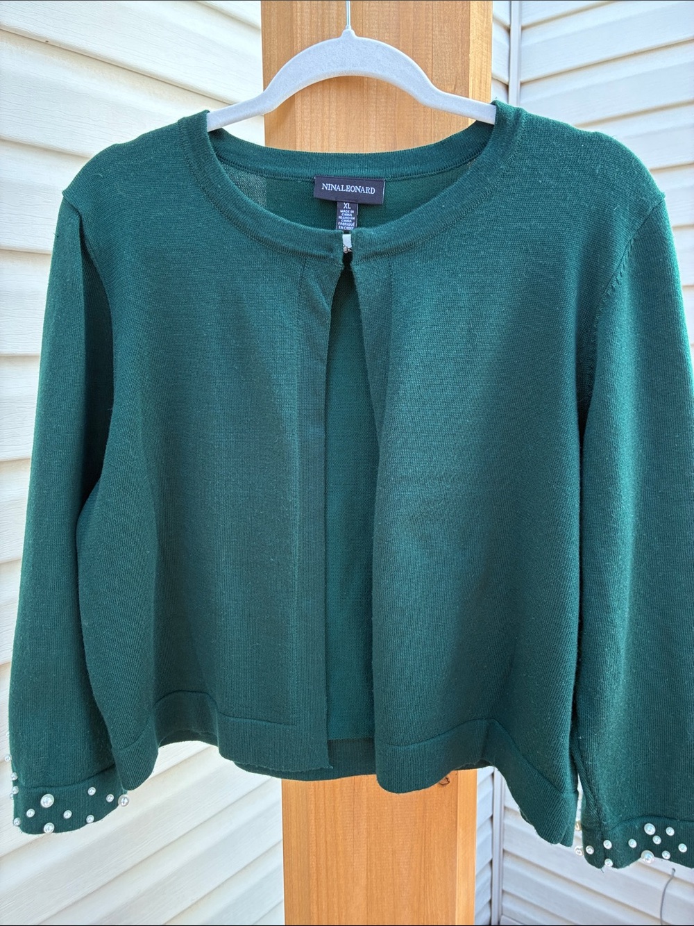 Nina Leonard Deep Green Pearl-Cuff Open Front Sweater Cardigan size xl